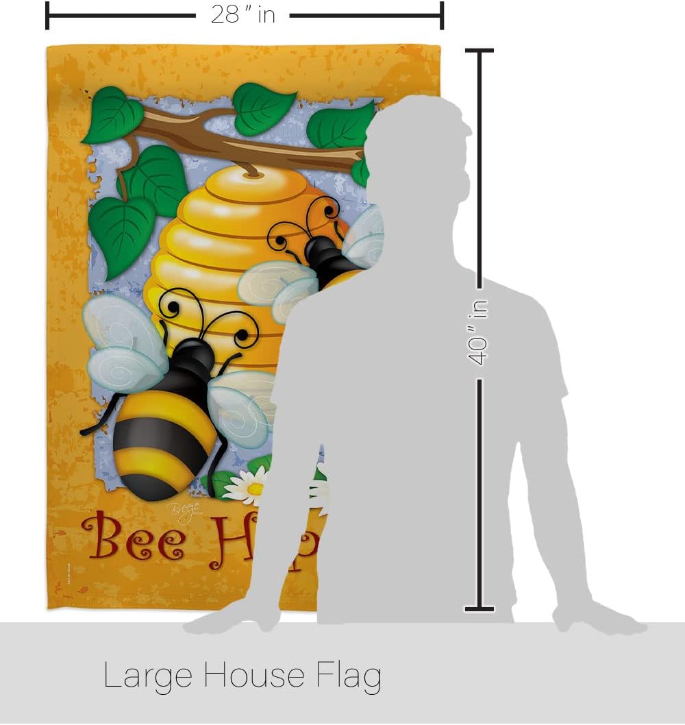Breeze Decor Bee Happy House Flag Flower Honey Tapestry Front Porch Sign Door Decor Wall Hanging Poster Everyday Decorative Welcome Garden Friends Decorations Made in USA