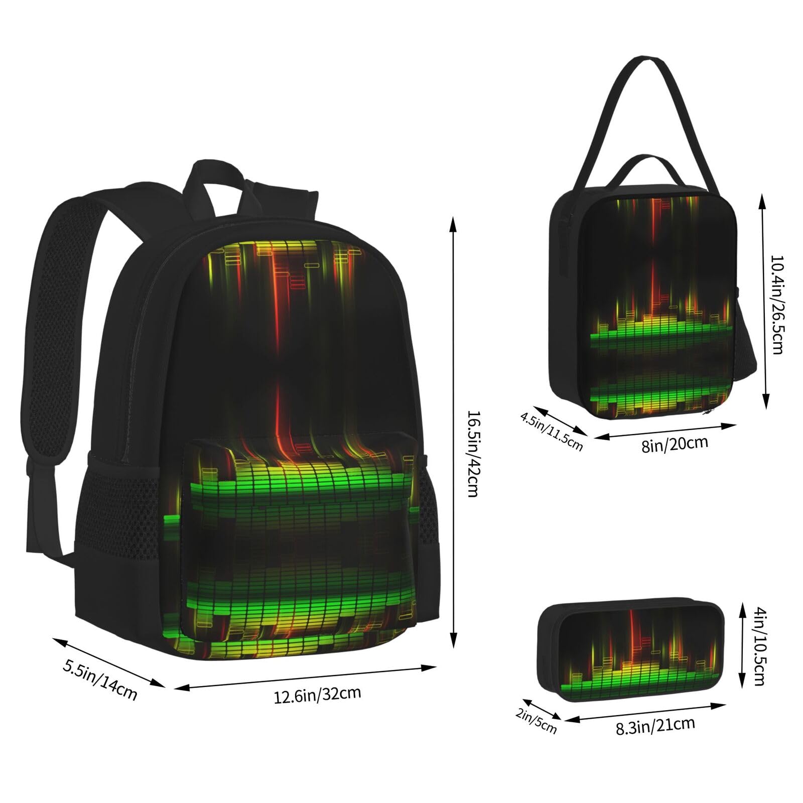 Cooles Musik-Sound, bedrucktes Rucksack-Set, 600D Oxford-Gewebe, Laptop-Rucksack mit isolierter Lunchtasche, Federmäppchen, verstellbare multifunktionale Schul-Reisetasche, 3-teilig