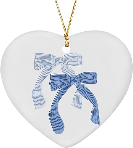 Adorno de lazo azul coquette, adornos de corazón de lazo a rayas azules para decoraciones de fiesta de árbol de Navidad, adornos colgantes
