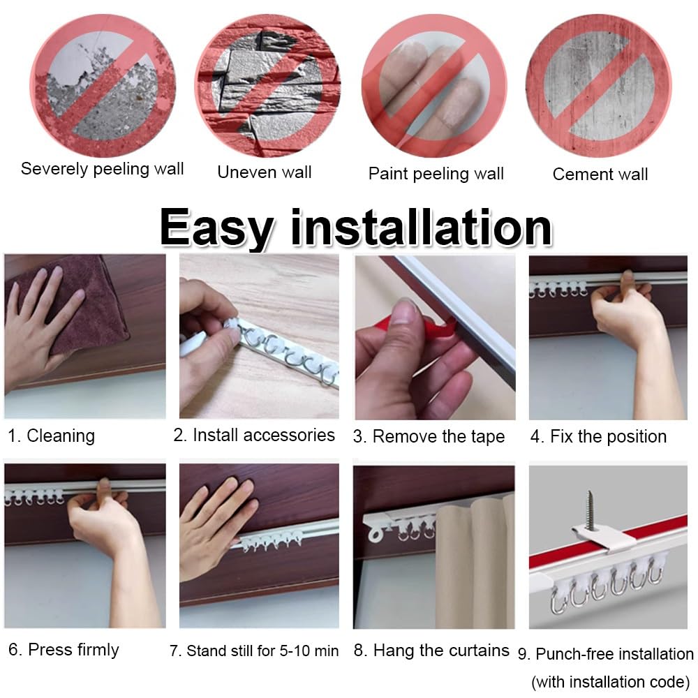 Support de tringle à rideau auto-adhésif réglable en alliage d'aluminium sans perçage - 340 cm - Parfait pour les cloisons de séparation et fenêtres de douche
