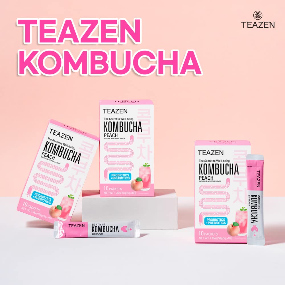 TEAZEN Kombucha Tea Peach Flavor, Sparkling Fermented Drink from Korea, Powdered Drink Mix