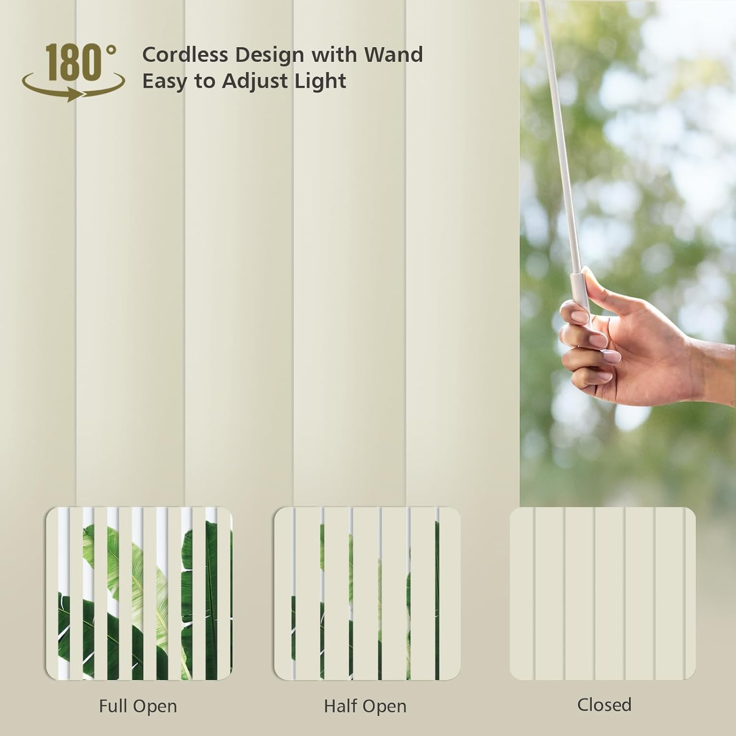 AOZORA Cordless Vertical Blinds, Blackout PVC 3.5 Inch Slats, Wand Control, UV Protection, Privacy Valance Included for Sliding Doors, Office, Living Room, Cream White