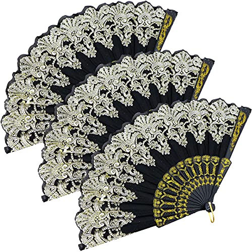 Lot de 3 éventails à main noirs - Éventail de mariage - Éventail pliable espagnol - Décoration murale - En plastique et tissu - Pour Halloween, carnaval,...