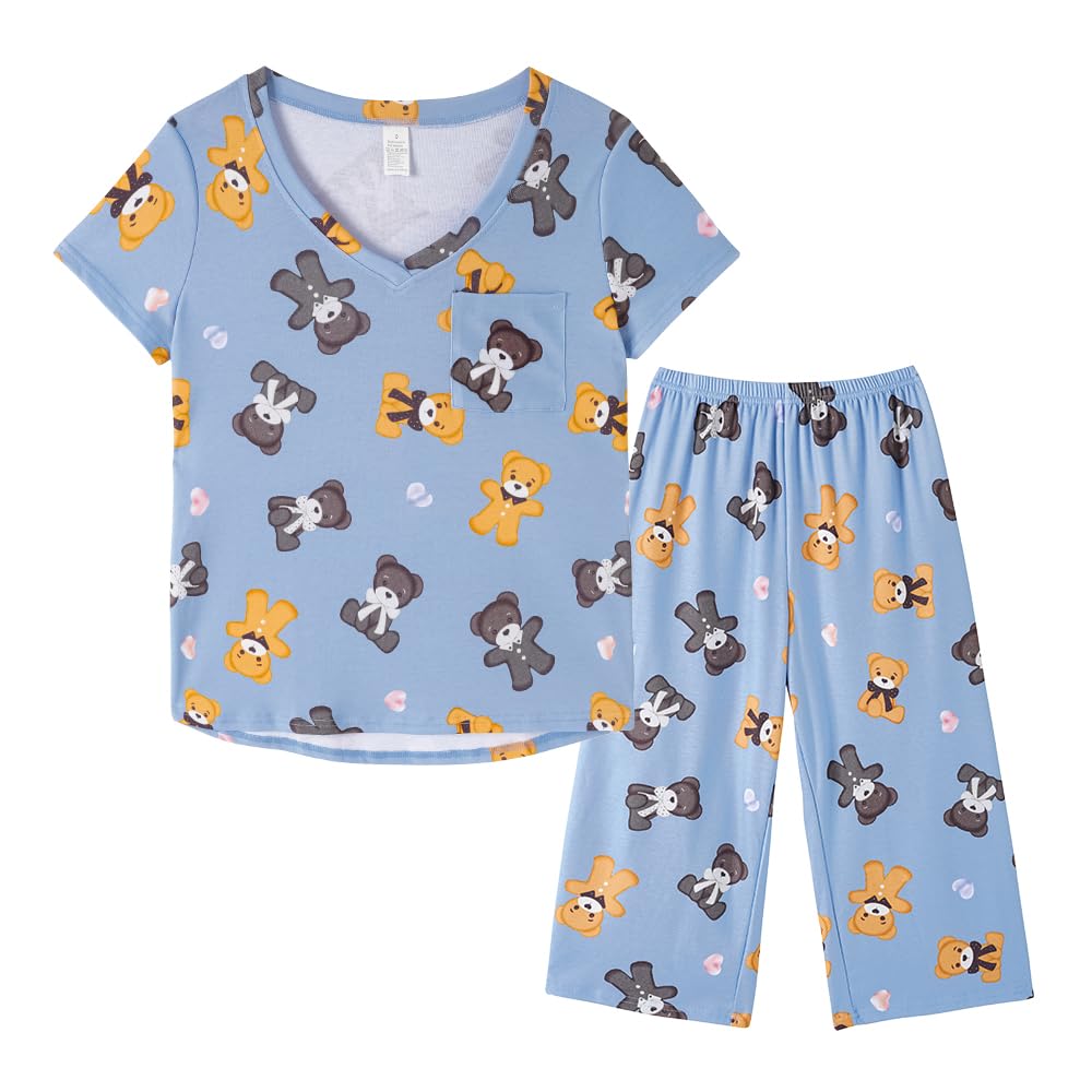YIJIU Women's Short Sleeve Tops and Capri Pants Cute Cartoon Print Pajama Sets X-Large Blue Bear
