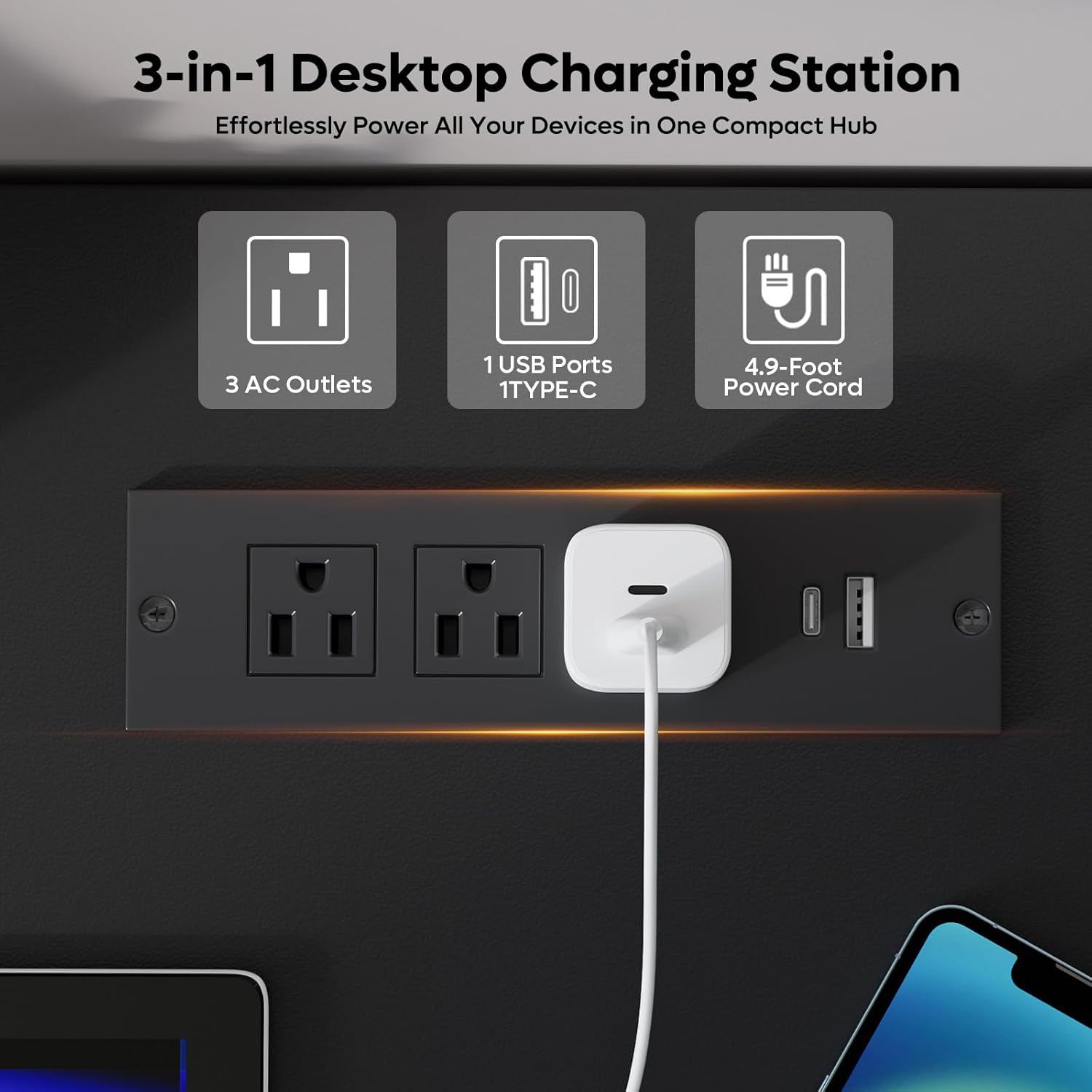 Close-up of the built-in charging station on the Bestier desk, showing 3 AC outlets, 1 USB port, and 1 Type-C port.