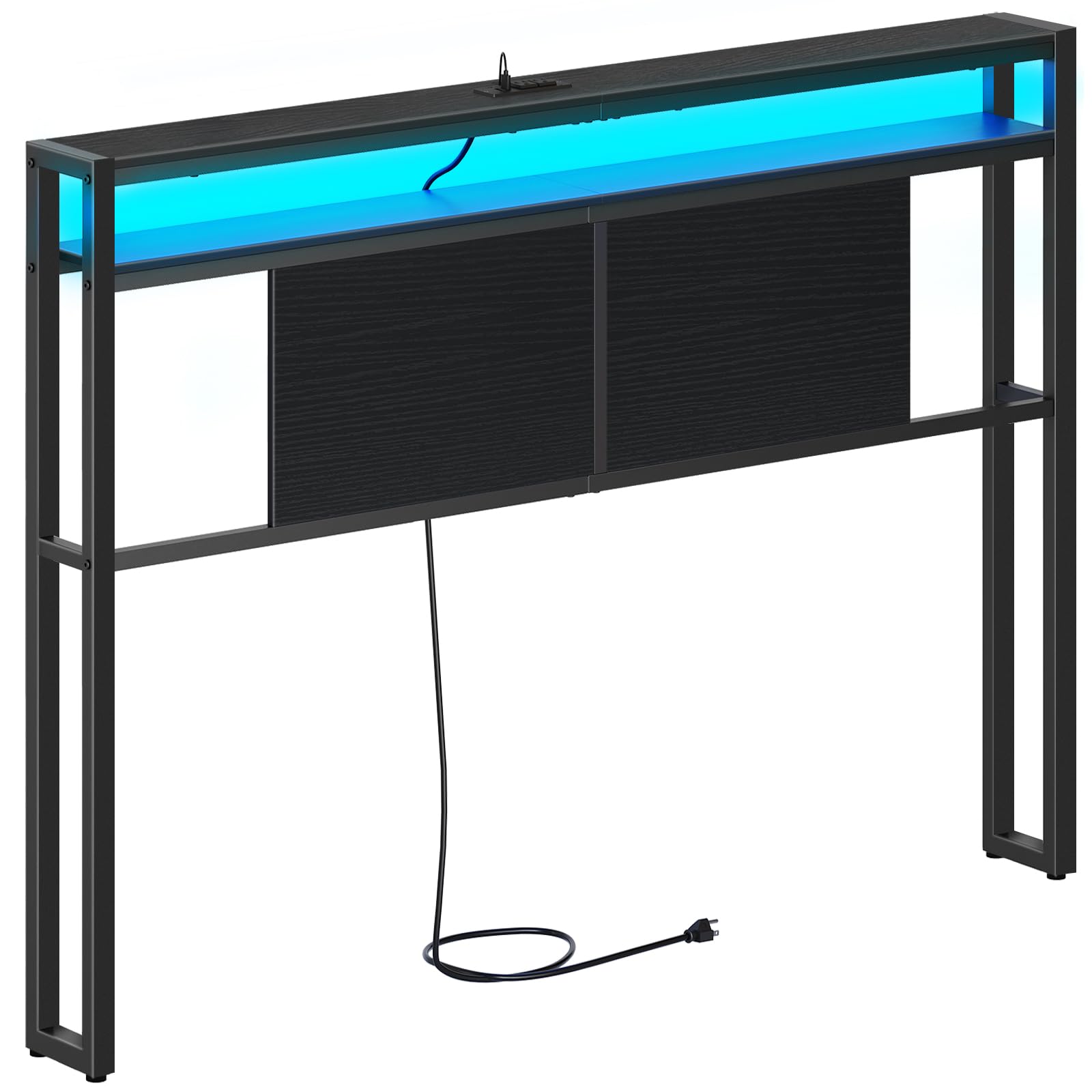 Queen Size Headboard, Headboard with Light and Outlets, Headboard with 2 Storage Shelves, Storage Rack, Adjustable Height, Sturdy and Stable, Easy Assembly, Black