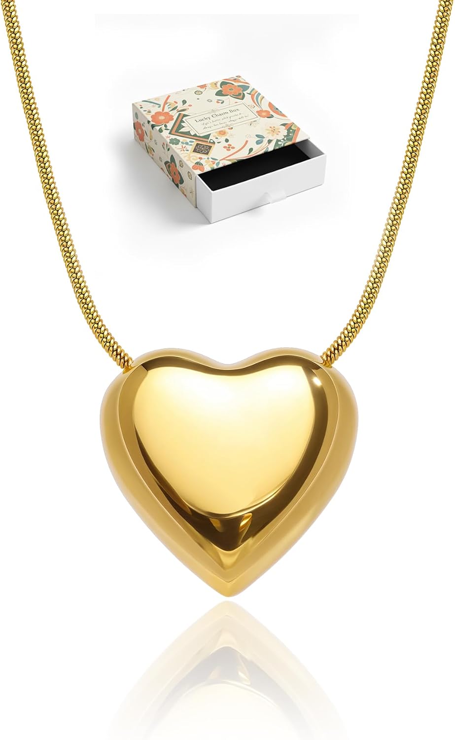 Dainty 14K Gold Plated Puffy Heart Necklace for Women - Simple Minimalist Gold Heart Pendant with Snake Chain - Everyday Layering Jewelry Gift