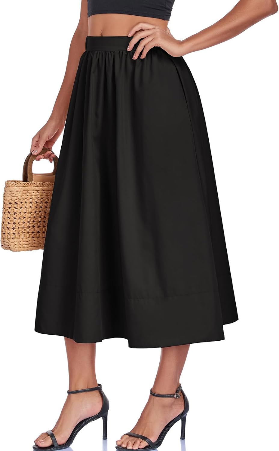 HOTIAN Women's A-Line Midi Skirts Casual Summer Elastic High Waist Pleated Flowy Beach Long Skirt with Pocket - Image 3