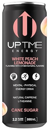 UPTIME Energy White Peach Lemonade - Cane Sugar (12 Pack), Premium Energy Drink, 12oz Cans, Natural Caffeine, Sparkling, Natural Flavors