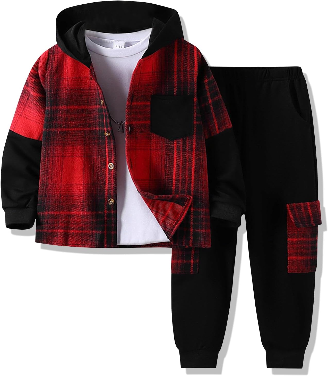 Size 4-11 Years Boys Clothes Flannel Plaid Shirt Hooded Sweatshirt & Pants 3PCS Kids Boys Fall Winter Outfits Sets