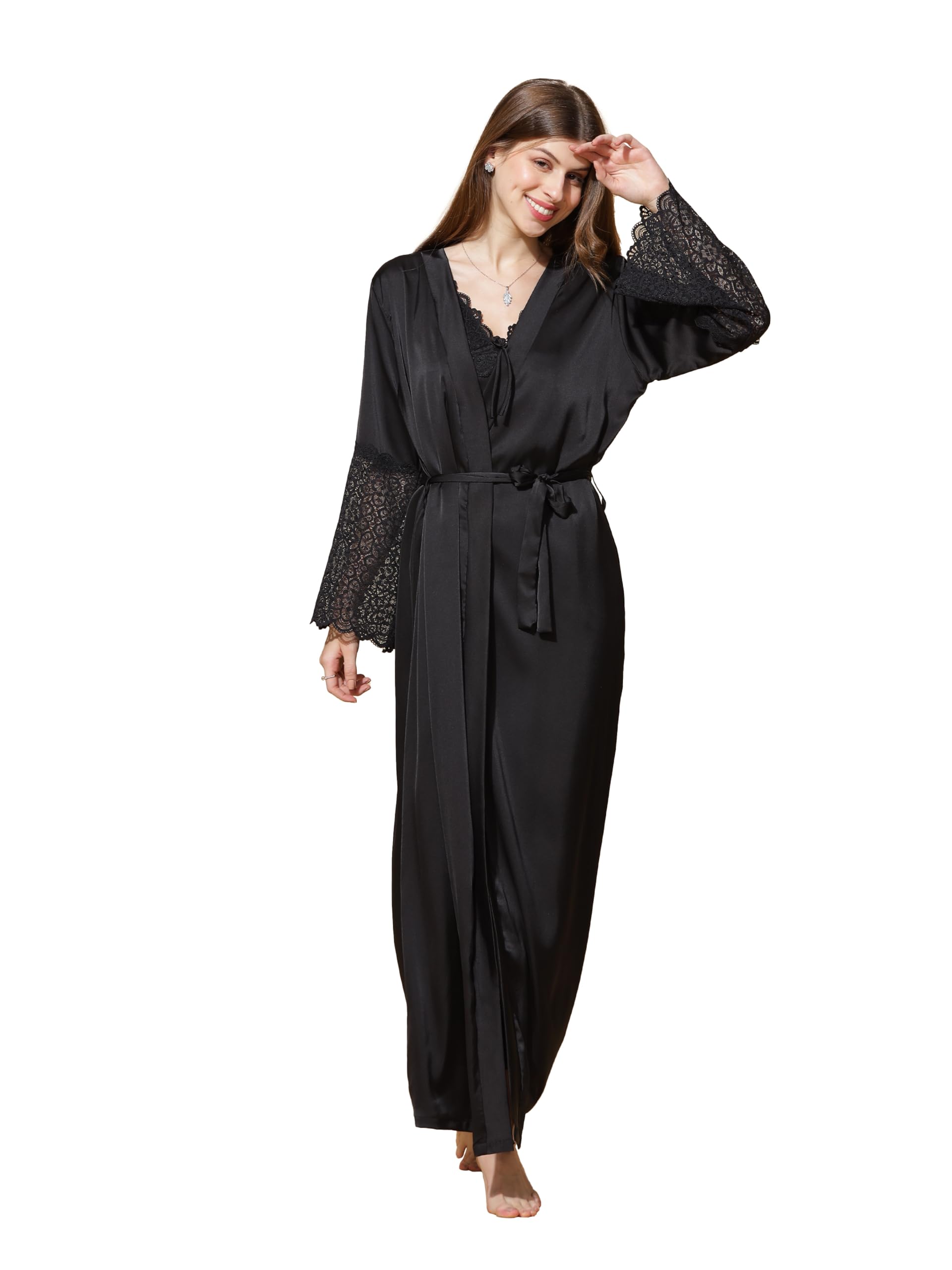 9shines label Stylish Satin Maxi Night Gown Set | Full Length Trendy Nightgown | Premium Nightdress | 2-Piece Long Robe & Gown for Women | Bridal Nighty for Dreamy Honeymoon (9S-BD-LRL)-picture-24