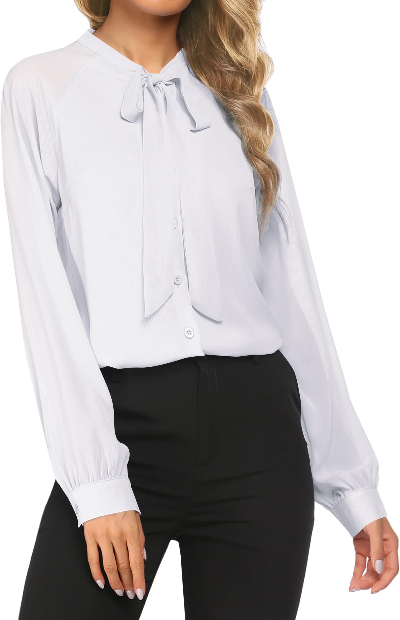 ACEVOG Women's Bow Tie Neck Long Sleeve Shirt Blouse Tops,1white,Medium