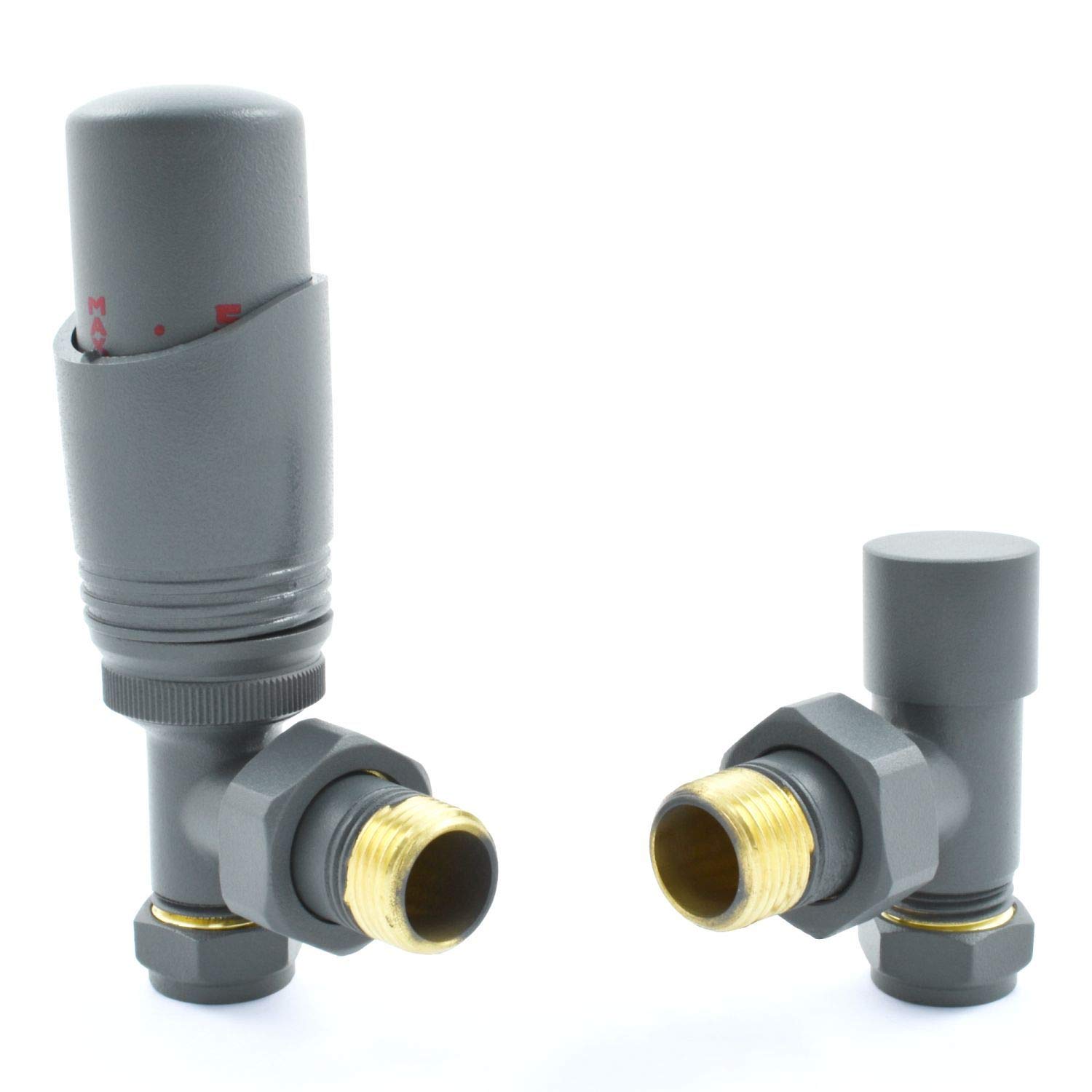 Grey Cascade - Válvula termostática TRV para radiador (par) incluye cuerpo TRV en ángulo y un escudo de bloqueo para un control rápido y fácil de la temperatura. Perfecto para ahorrar energía