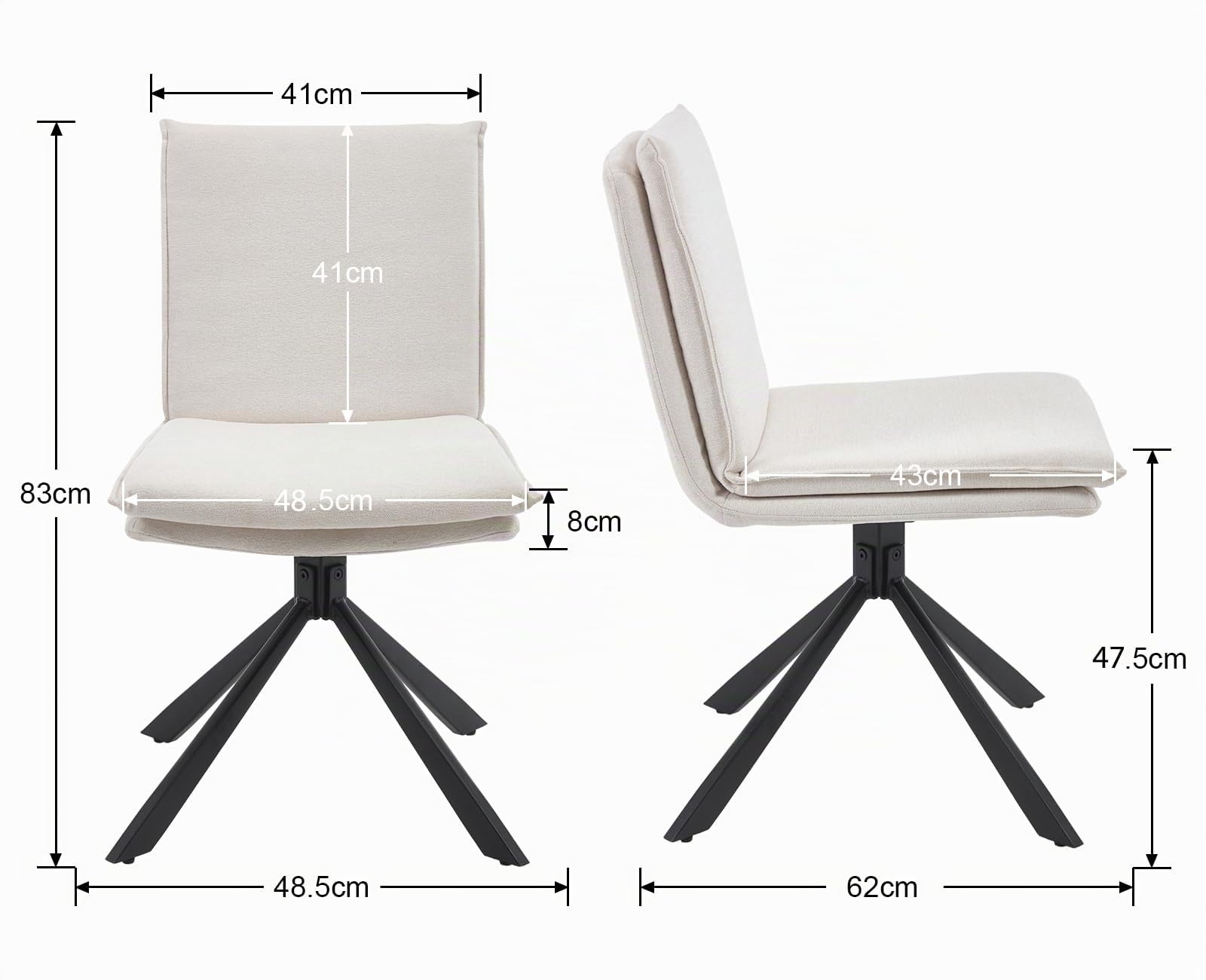 chairus Lot de 2 Chaise Pivotante Salle à Manger sans Accoudoirs, Chaises de Cuisine avec Pieds en Métal, Chaise Rembourrée en Chenille pour Salon, Blanc-2