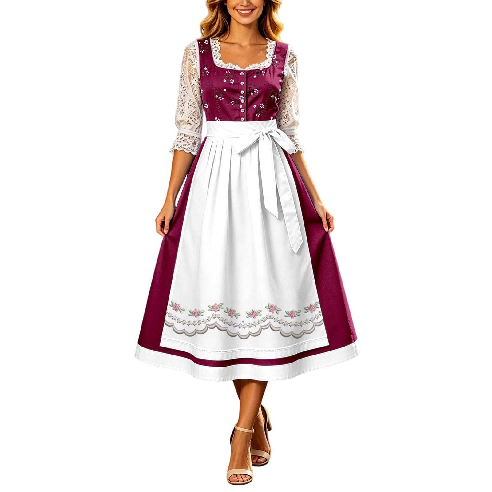 Abito Lungo da birreria dell'Oktoberfest con Stampa Floreale Francese, Vita Impero e Fiocco in Vita, Stile Corsetto.