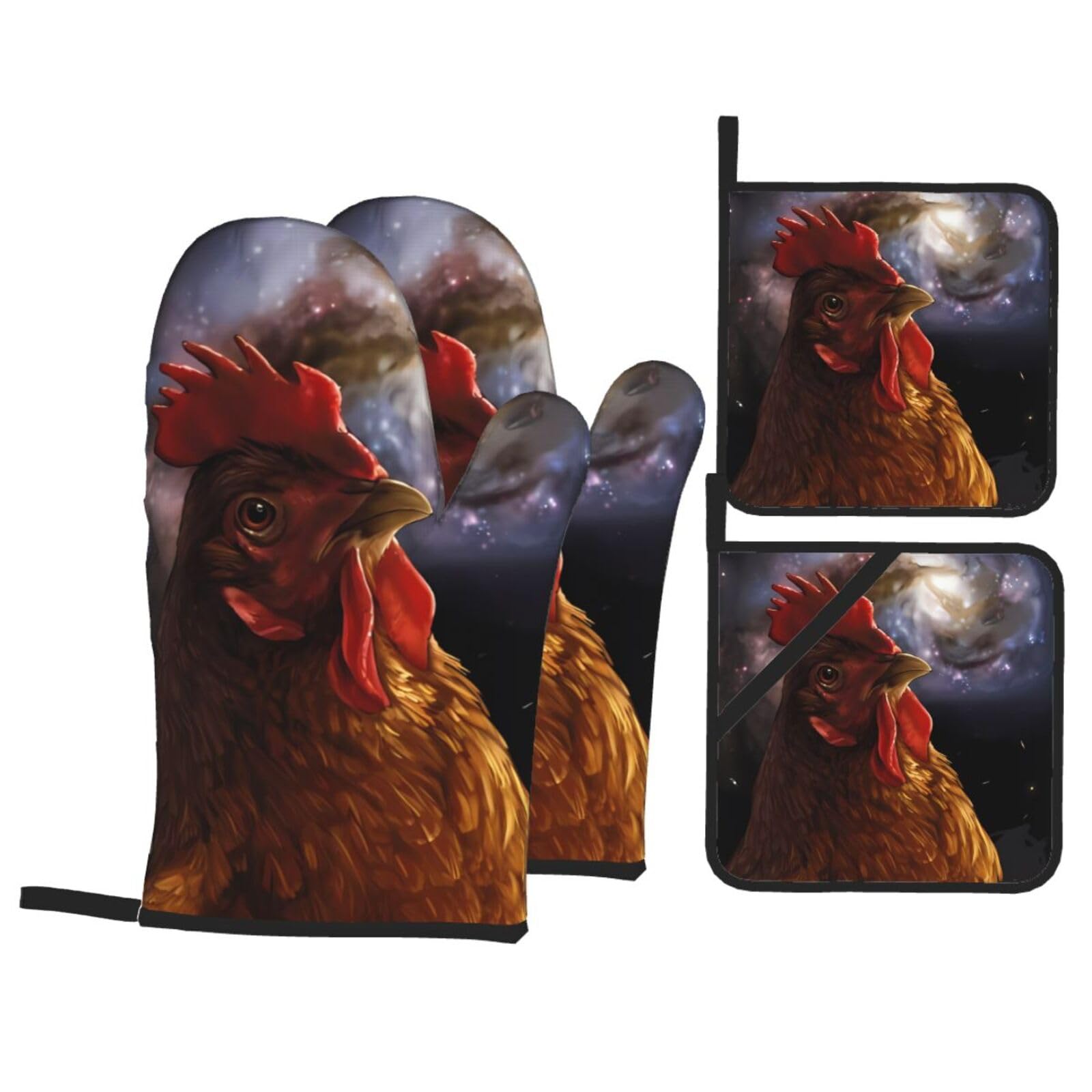 YYHHAOFA Galaxy Chicken Prints Kitchen Baking Set with Heat Resistant Pot Holders & Oven Mitts - Waterproof Layer for Hot Dishes, Grill & Microwave