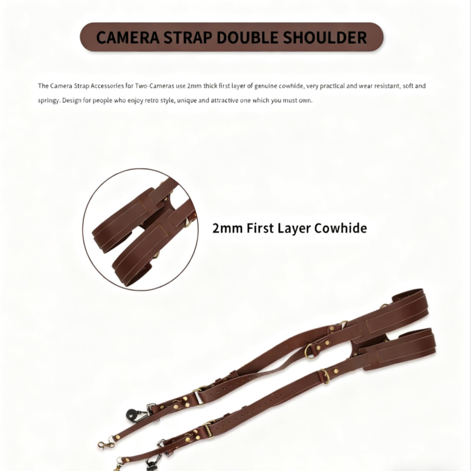 Doppia tracolla per fotocamera, regolabile, in pelle, marrone, per due fotocamere, compatibilità con vite standard da 1/4", larghezza delle spalle 33-50,8 cm, riduce l'affaticamento del collo
