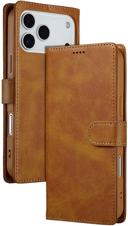 Wallet Case for iPhone 17 Pro Max/17 Pro/Air/17, Magnetic Flip Full Coverage Protection Kickstand Credit Card Holder Leather Folio Retro Cover(Yellow,17)
