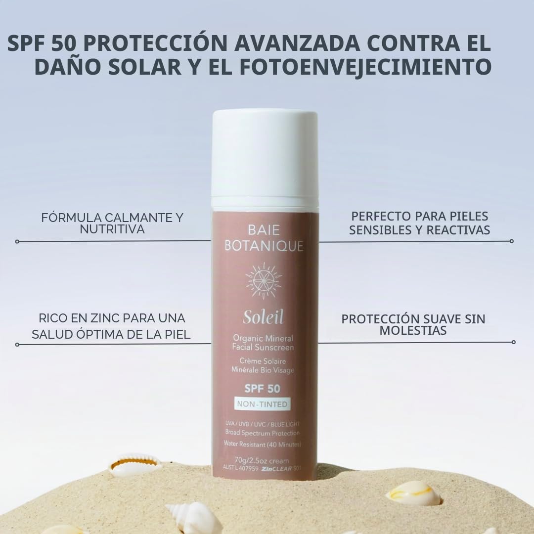 Protector solar facial mineral SPF 50 - Protección UV de óxido de zinc - Amplio espectro UVA UVB - Resistente al agua (40 minutos) - Con ácido hialurónico y vitamina C - Vegano, sin fragancia - 70g