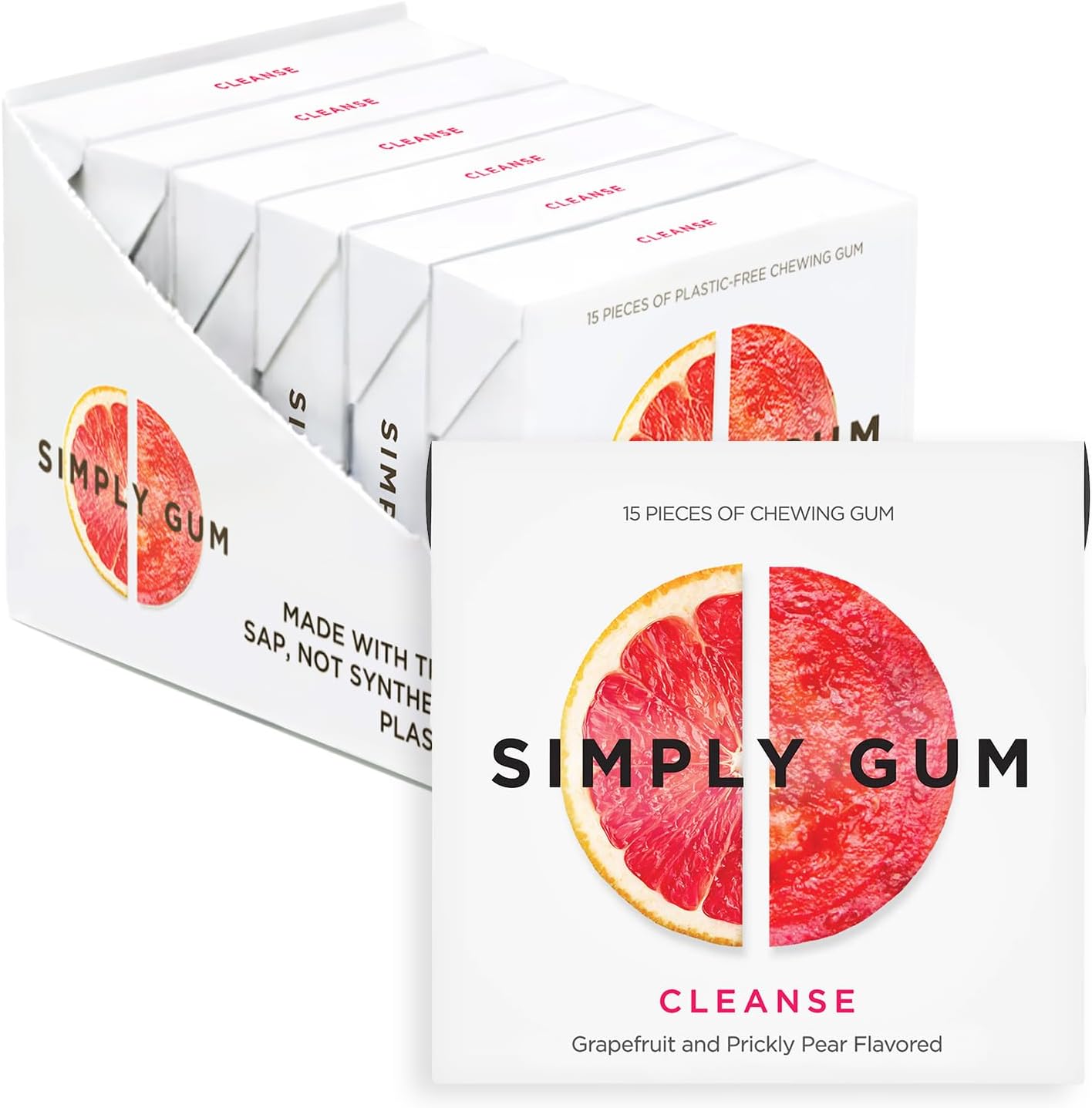 Additive-Free Chewing Gum Cleanse, Grapefruit & Prickly Pear 6 Pack (90 Total) Plant Derived + Aspartame Free + Non GMO Cleanse