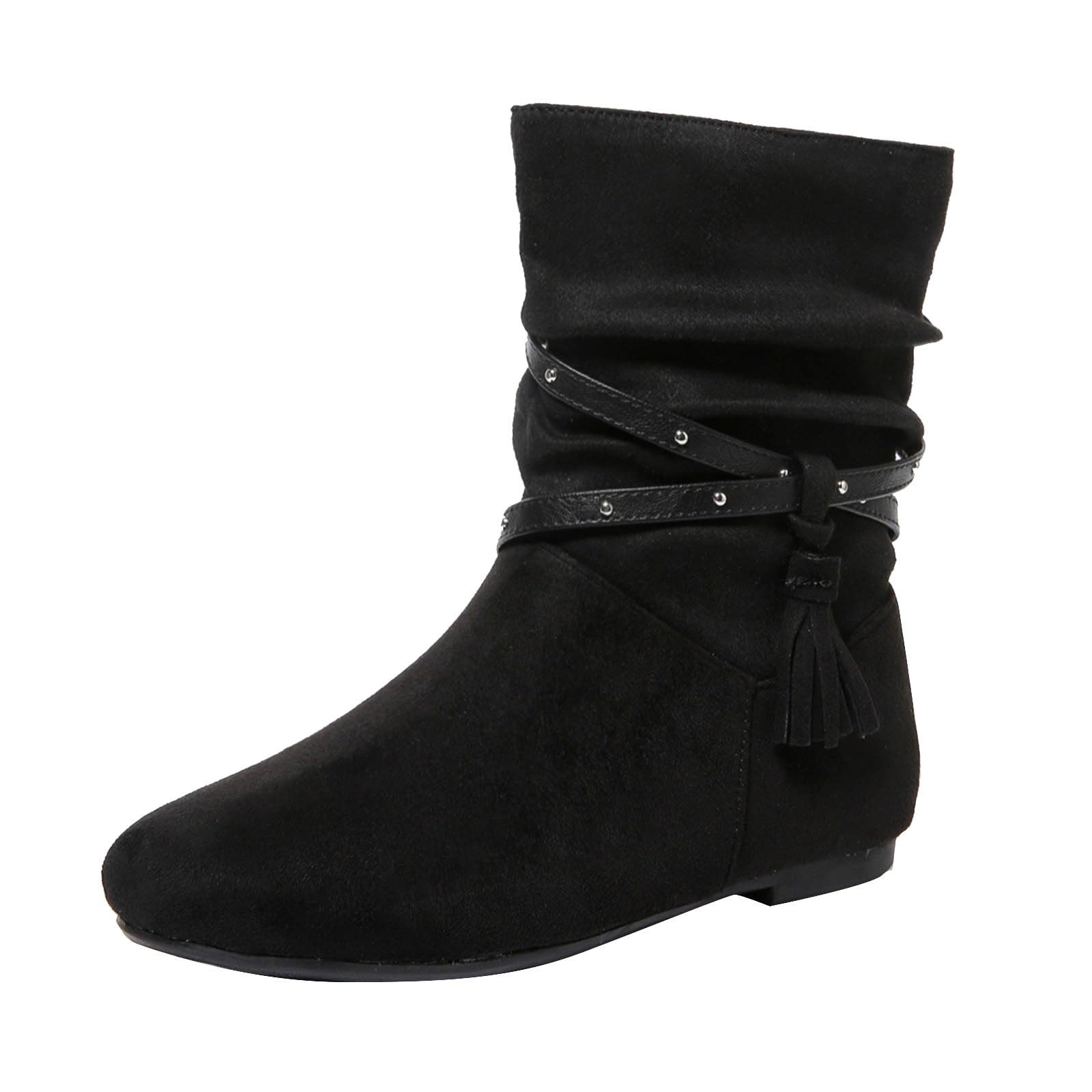 Ladies Western Style Suede Boots with Round Toe and Tassel Detail Chunky Heel for Fashion