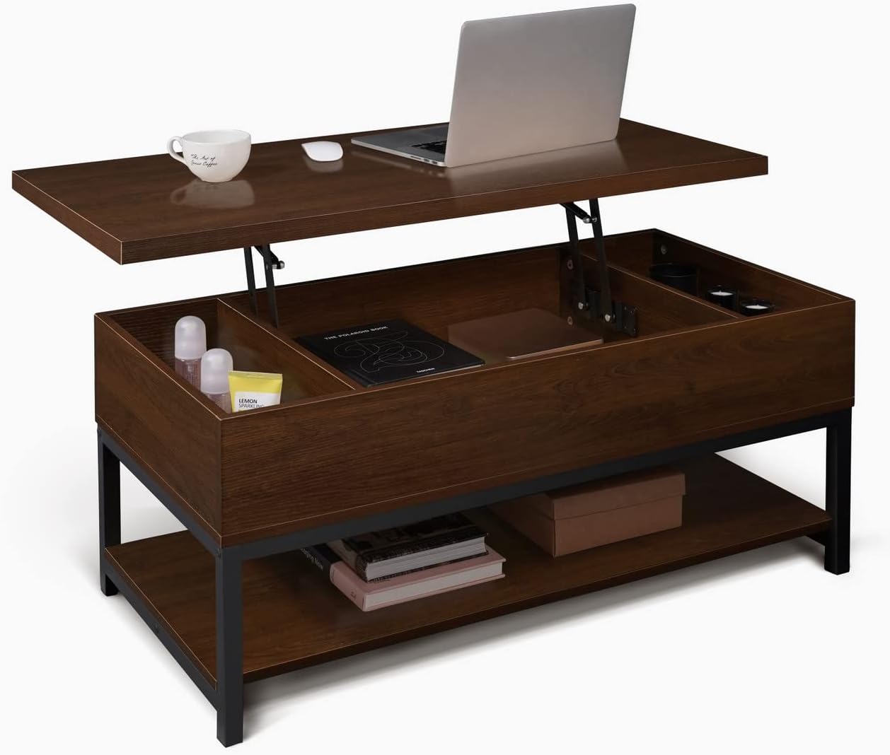 CAPHAUS Lift Top Coffee Table with Storage, Open Shelf, Rising Top for Living Room, 41" Espresso