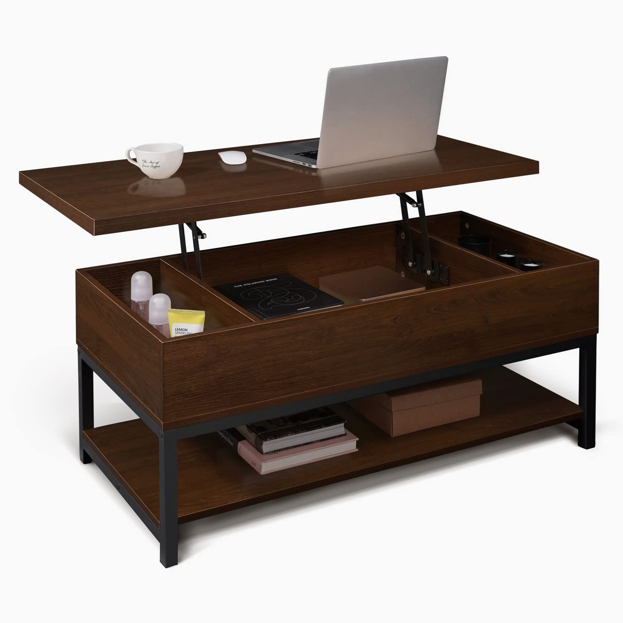 CAPHAUS Lift Top Coffee Table with Storage, Open Shelf, Rising Top for Living Room, 41" Espresso