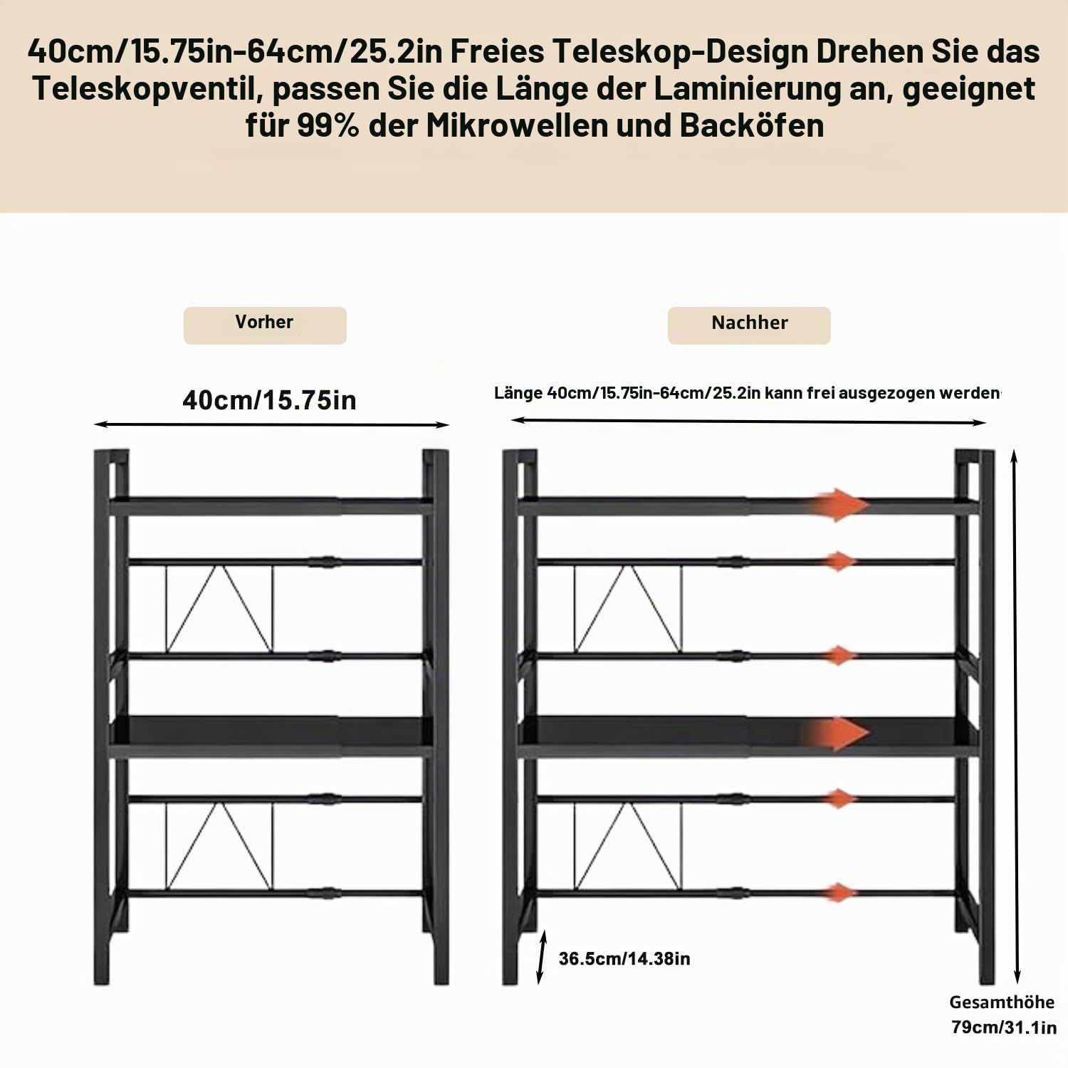 3-stufiges Mikrowellenregal mit 6 Haken,Küchenablage,Schwarz