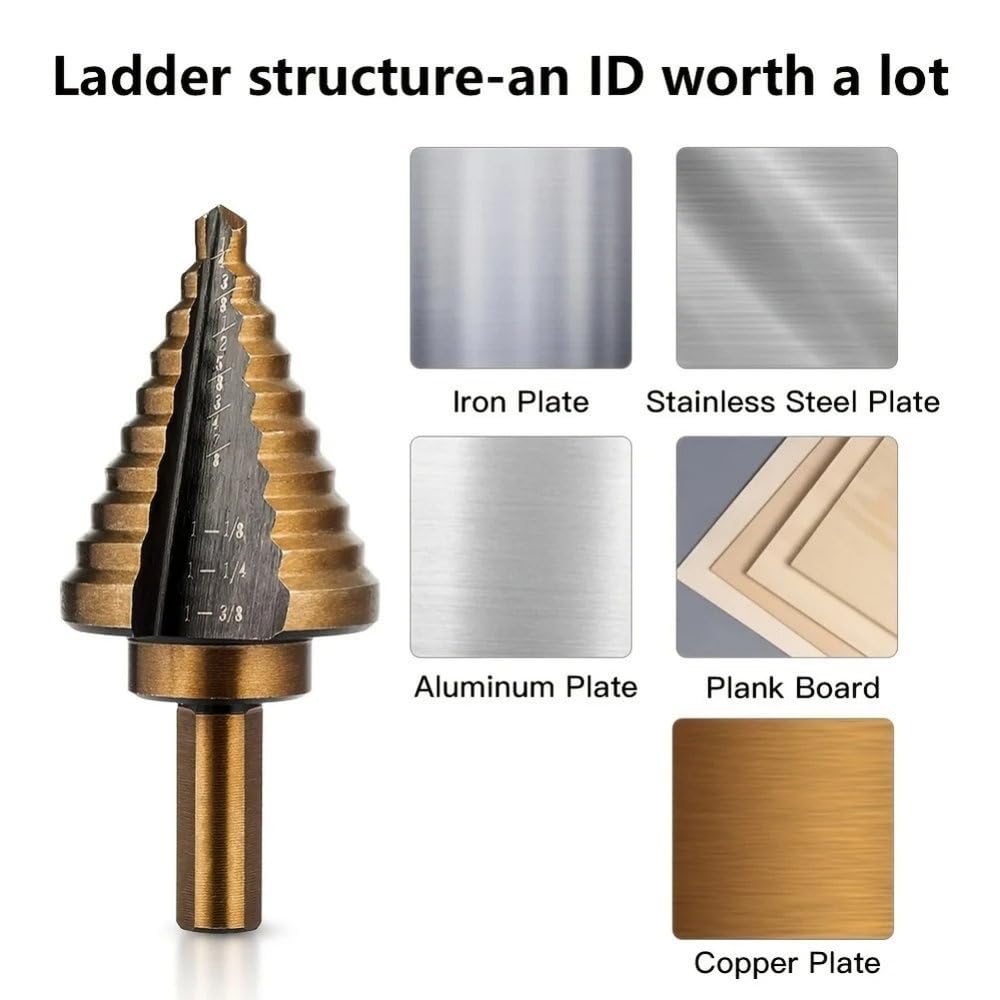5 szt. wierteł stopniowych, prostych, do otworów w kształcie pagody, wierteł stożkowych do metalu, otwieraczy do otworów w aluminiowym pudełku, narzędzie do wiercenia w metalu, 5 szt., z pudełkiem
