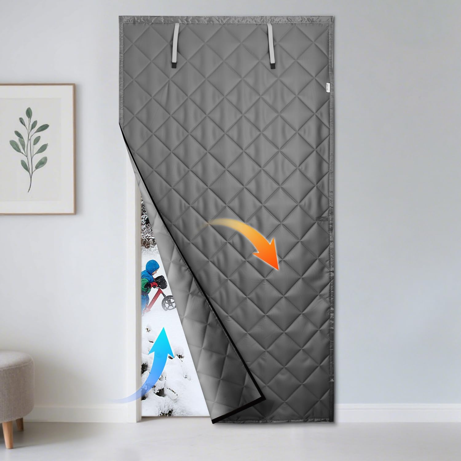 Thermal Insulated Door Curtain Fits 36"x80" Doors (Curtain Size 39"x82"), Gray Oxford Cloth Thicken Cotton Filled Single Piece Thermal Door Screen for Winter, Keep Cold Air Out