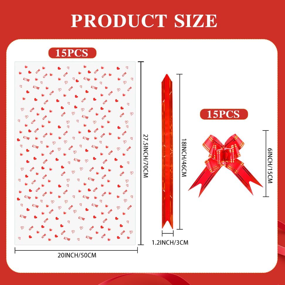 Valentines Gift Bags for Basket, 20x28 Inch Large Clear Basket Bags, 15 PCS Valentine's Day Cellophane Wrap with 15 PCS Pull Bows, Plastic Cellophane Bags for Valentine Baskets Holidays Gift Wrapping - Image 2