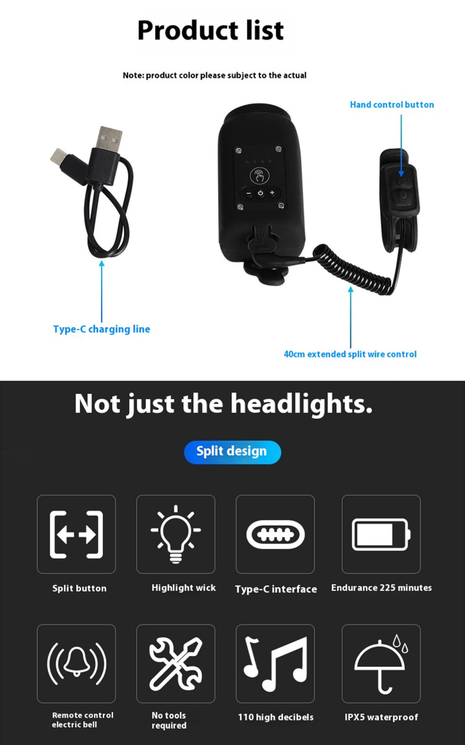 Generic Elektroniczny klakson rowerowy, elektroniczny dzwonek klaksonu roweru górskiego, dzwonek klaksonu rowerowego z reflektorem szerokokątnym, wodoodporny IPX5 z ładowalnym USB
