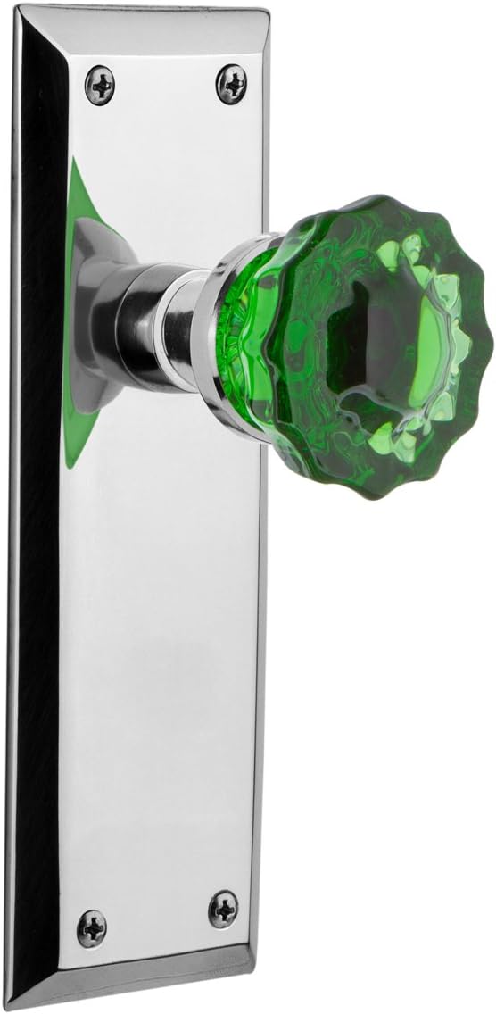 Nostalgic Warehouse 724749 New York Plate Privacy Crystal Emerald Glass Door Knob in Bright Chrome, 2.75