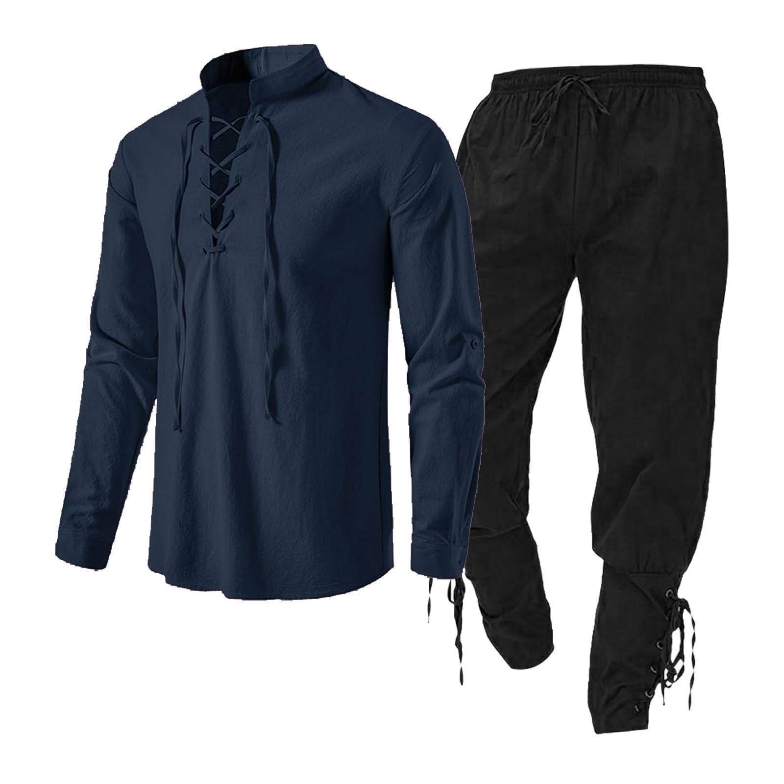 Medieval Men's Clothing Set, Linen Shirt and Pants with Ankle Straps Viking Costume Set Lace Up Tunic Top Outfit for Theme Parties Renaissance Fairs (Navy, M)