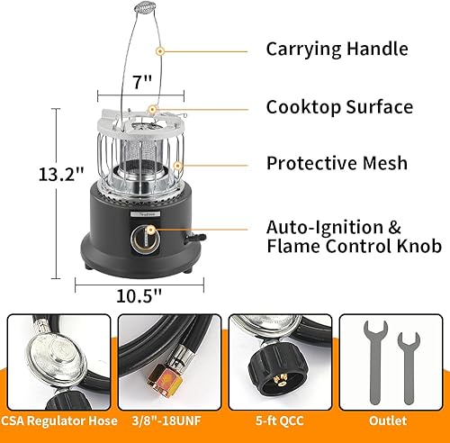 Miniatura 6 de Calentador de propano portátil 2 en 1 para interiores y exteriores y estufa, calentador de tienda de propano de 13000 BTU para campamento, seguridad