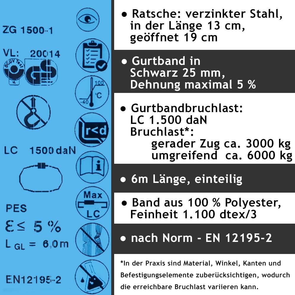 Spanngurte-Set, 6 m mit Ratsche, schwarz (4 Zurrgurte) | Verzinkter Stahl, 1.500 daN Zurrgurt, einteilig, DIN EN 12195-2