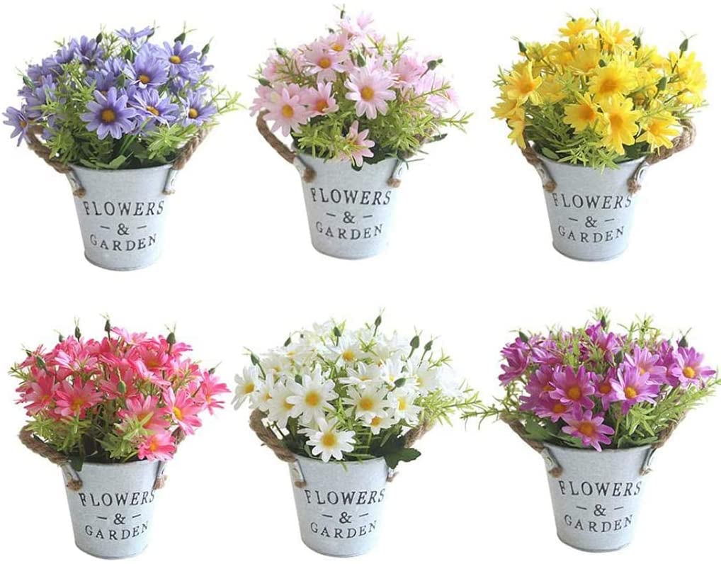 Bonsai 6 pieces et pot en metal en forme de marguerite avec fleurs artificielles