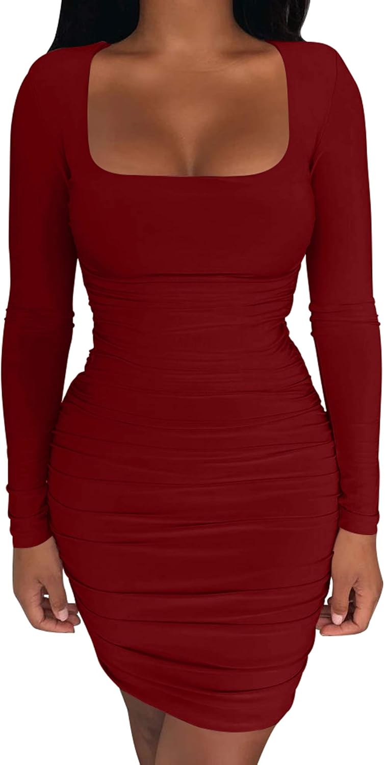 Kaximil Women's Sexy Bodycon Ruched Mini Club Dress Long Sleeve Basic Casual Dresses