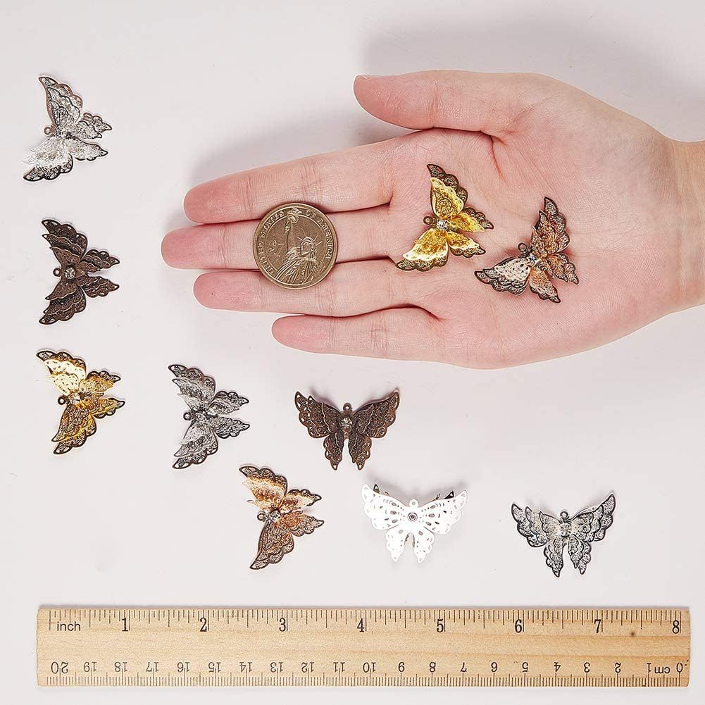 SUNNYCLUE 1 Box 10Pcs Butterfly Filigree Charms 34x26mm 3-Layered Butterflies Charm Rhinestones Hollow Filigree Fancy Butterfly Charms for DIY Necklace Bracelet Jewelry Crafting Making Charm Women image 4