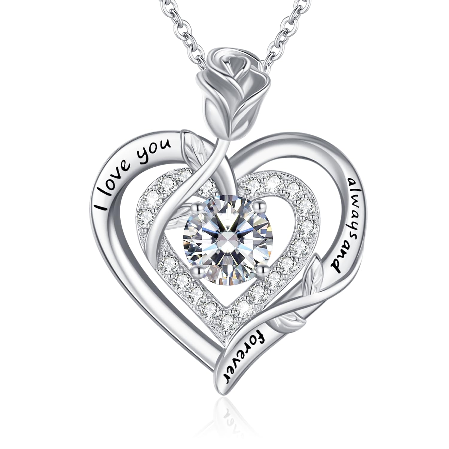 LAVUMO Moissanite Halskette Damen Silber 925 Herz Rose Schmuck Geschenke | Kette Damen Gold/Rosegold/Silber Doppel Rose Anhänger Weihnachten Valentinstag Geburtstag Geschenke für Frauen Freundin Mama