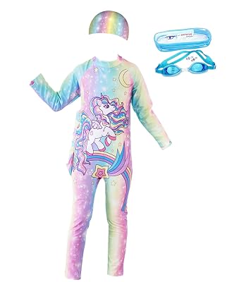 FancyDressWale Swimming Costume Full Body Coverage Bathing Suits for Girls wtih Goggles (in, Age, 8 Years, 10 Years, Reg