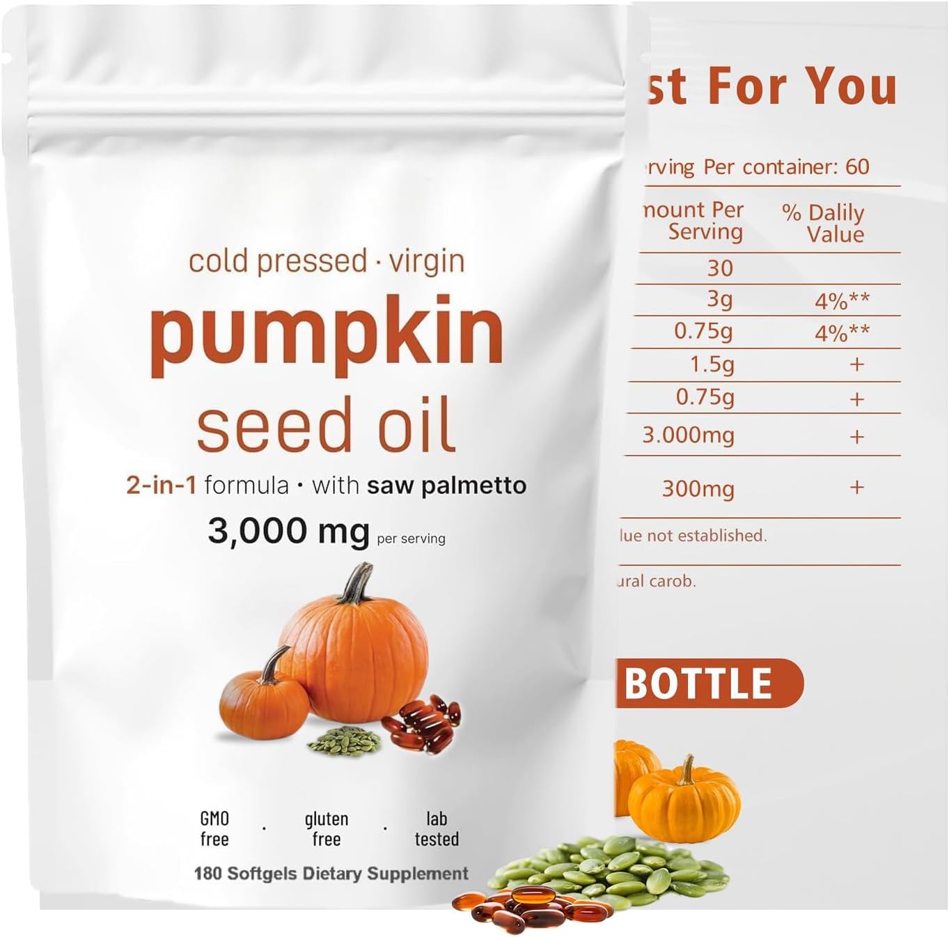 Pumpkin Seed Oil and Saw Palmetto Capsules 3000mg, Cold Pressed Blend for Hair Growth Prostate and Urinary Support, Non GMO Herbal Supplement, 2 Packs 180 Softgels