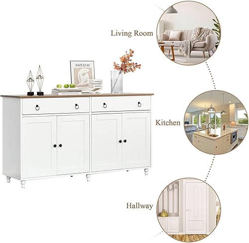 Miniatura 5 de Aparador de buffet, gabinete de almacenamiento de buffet de cocina de 55 pulgadas con 2 cajones y 4 puertas, buffets y aparadores modernos de