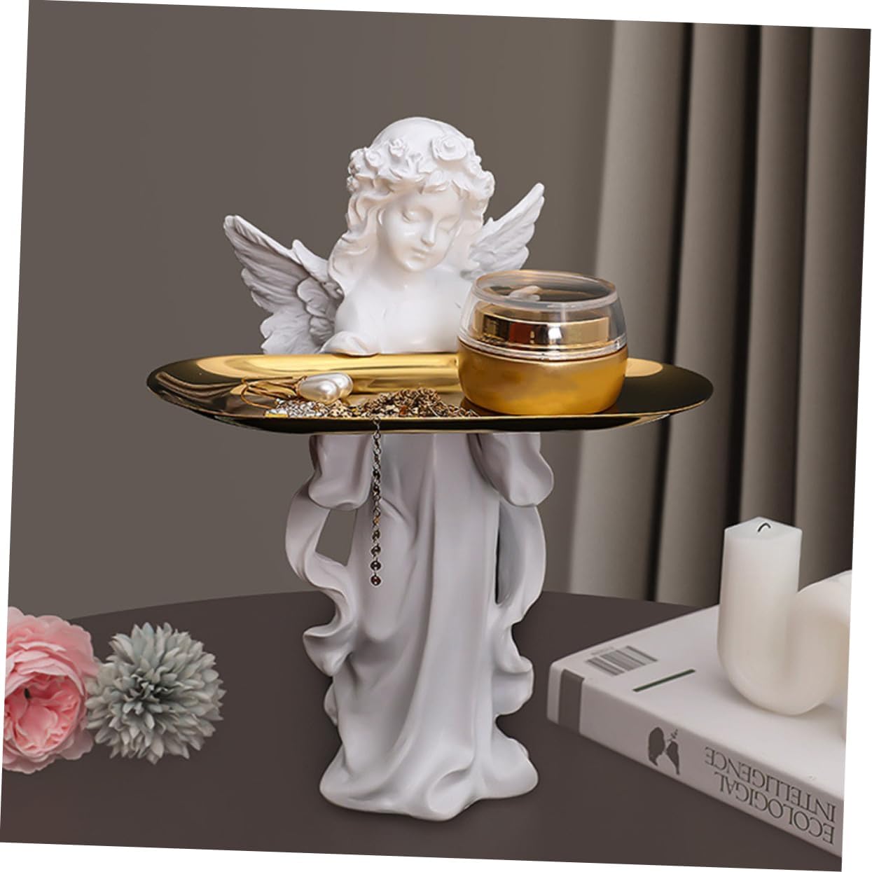 Didiseaon Angel Statue Jewelry Tray Organizer for Countertop Decorative Jewelry Dish and Vanity Storage Multifunctional Ornament for Home Office and Gift Use