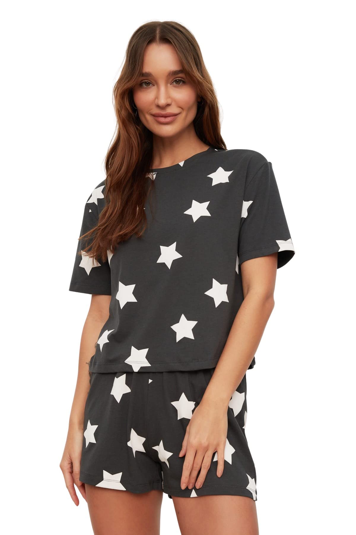 Trendyol Women's Very Colorful Geometric Pattern Middle Knit T-Shirt-Short Pajama Set, Colorful, L (Pack Of 2)