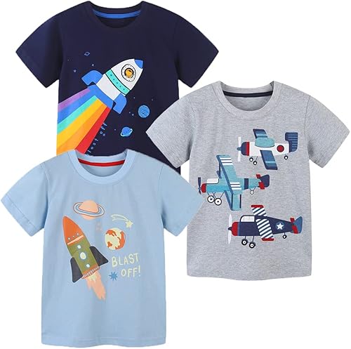 GFQLONG Paquete de 3 camisetas de algodón de manga corta para bebés y niños pequeños, ropa con estampado de dinosaurios, conjunto