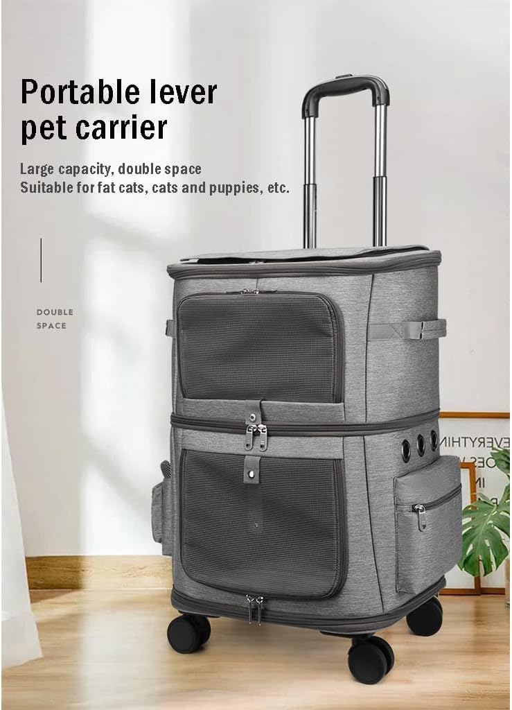 2 Cat Carrier Pet Stroller Portable Bag, Double-Layer Pet Travel Carrier with Wheels for 2 Cats, Folding Soft Sided Pet Pram Crates Kennel for Small Dogs, Puppy, Cat, Rabbits
