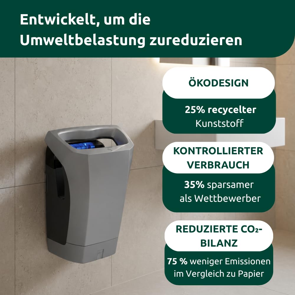 JVD Stell'Air Elektrischer Wand-Händetrockner Grau Leise & effizient Pro - Trocknung in10-15s - Hohe Leistung800 - Wandmontage
