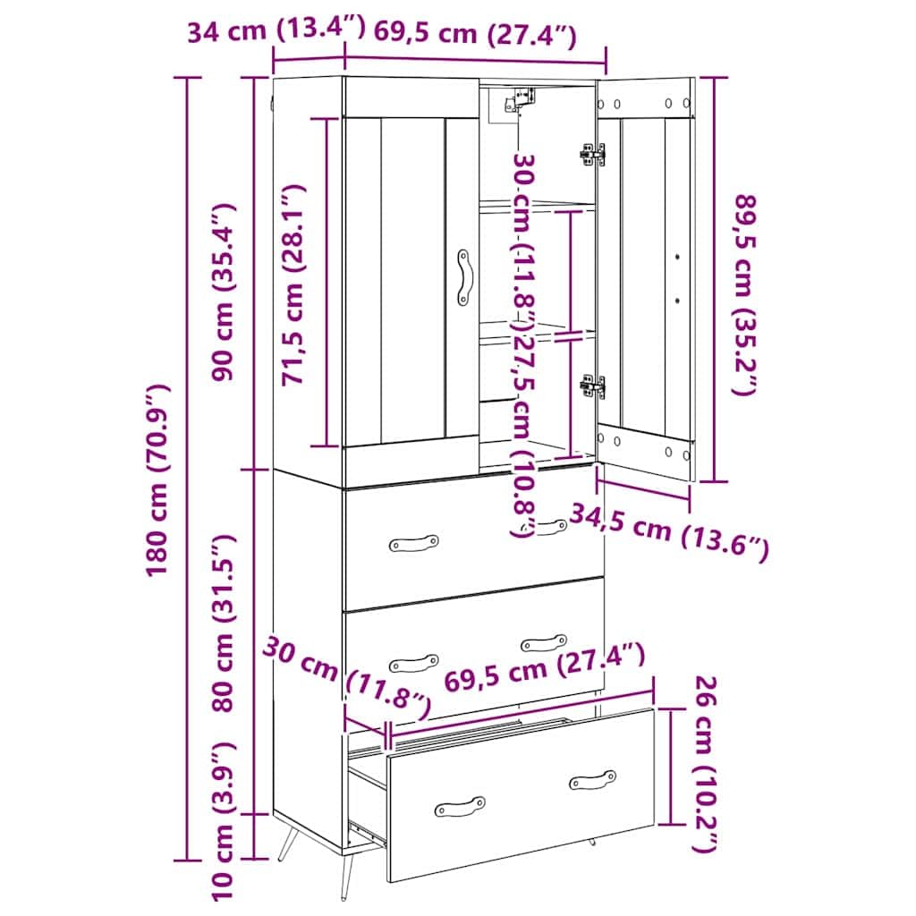 Armadio alto con ripiano in legno anticato, 69,5 x 34 x 180 cm, per sala da pranzo, soggiorno, comò rustico con ante in vetro e vano portaoggetti, ideale come credenza, credenza o credenza