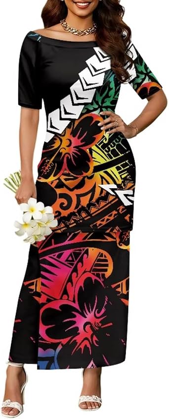 Polynesian Puletasi Samoa Dress for Women Off Shoulder Long Maxi Skirts Puletasi Traditional Dress 2 Piece Set